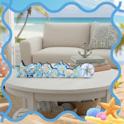 Yousoontic Summer Ocean Table Decorations with LED Lights, 3D Coastal Wooden Centerpieces for Tables, Nautical Starfish Turtles Beach Table Decor for Home Mantel Desk, Summer Party Decorations - style: Ocean