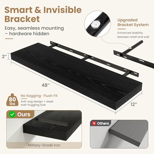 48 Inch Long Floating Shelves for Wall Set of 1, 12"D Wood Grain Shelves - color: Black, size: 48"Wx12"Dx2"H, 1P