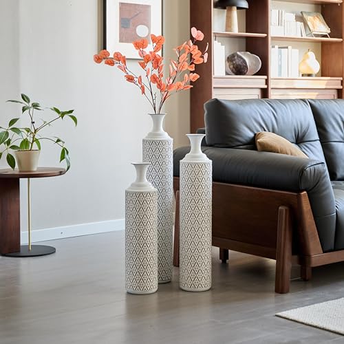 Tall Floor Vases Set of 3 - Modern White Metal Vases with Black Geometric Pattern, Decorative Cylinder Vase for Living Room, Home Decor, Entryway & Wedding Centerpieces (White+Black Rhombus) - color: White+black Rhombus