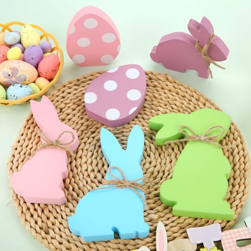 Easter Decorations, 6 pcs Wooden Easter Bunny Egg Signs for Table Centerpiece Tiered Tray Decor Home Indoor Office Party Farmhouse Decor