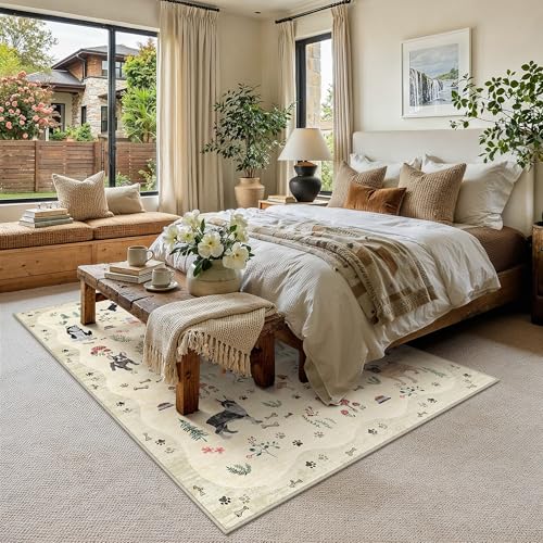 PureCozy Beige Washable Area Rug 5x7 for Living Room Floral Animal Accent - color: Beige/Dog, size: 5' x 7' (Rectangular)