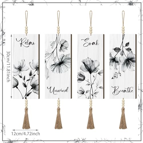 Qunclay 4 Pcs Boho Bathroom Wall Decor Relax Soak Unwind,Gray,Flower - color: Gray Flower
