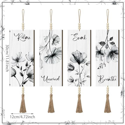 Qunclay 4 Pcs Boho Bathroom Wall Decor Relax Soak Unwind,Gray,Flower - color: Gray Flower