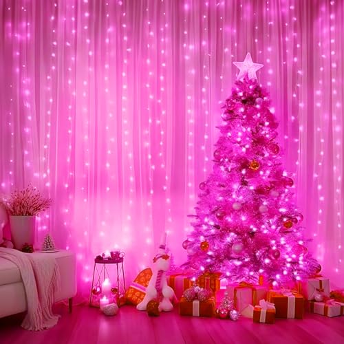 Minetom Curtain Lights, 300 LED Dimmable Twinkle Fairy Lights, 8 Modes - color: Pink, size: 1 Pack