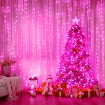 Minetom Curtain Lights, 300 LED Dimmable Twinkle Fairy Lights, 8 Modes - color: Pink, size: 1 Pack