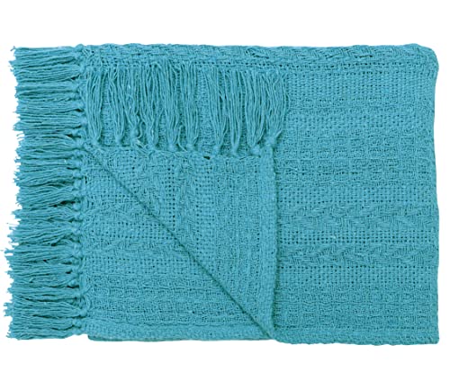 Cotton Throw Blankets - Set of Two - 50"x60" - Turquoise & Striped with Fringe - Rustic Ottoman & Batik Chair Blanket - Picnic Throw - color: Turquoise