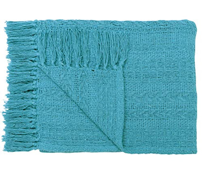 Cotton Throw Blankets - Set of Two - 50"x60" - Turquoise & Striped with Fringe - Rustic Ottoman & Batik Chair Blanket - Picnic Throw - color: Turquoise