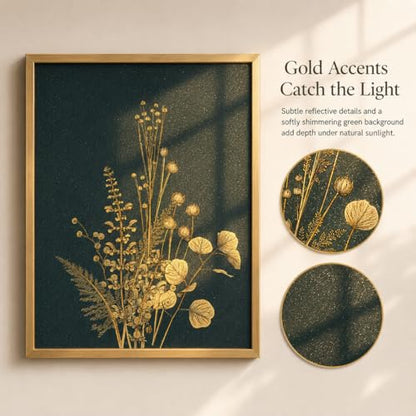 YBYBEST 12x16 Green and Gold Botanical Wall Art with Gold Frame, Shimmery Green Wall Art for Bathroom, Bedroom, Living Room and Entryway - color: Emerald Green & Gold1-12*16, size: 16"L x 12"W