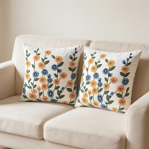 Embroidered Cotton Spring Summer Pillow Covers -18x18 inch Cute Countryside Style Comfortable Decorative Couch Pillow Covers, Suitable for Living Room Sofa Bed, Flower Style (2 pcs morning glory) - color: 2 Pcs Morning Glory