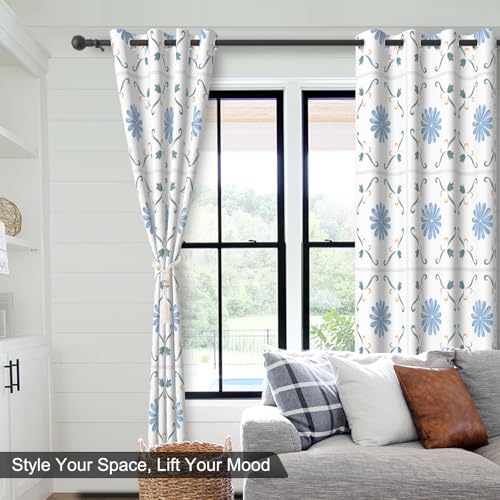 Blue Blackout Curtains 84 Inch Long 2 Panels Set, Gingham Floral Pattern Window Thermal Blackout Curtains for Bedroom and Living Room, Soundproof Privacy Thermal Insulated Curtains with Rope Tiebacks - color: Plaid Daisy Print