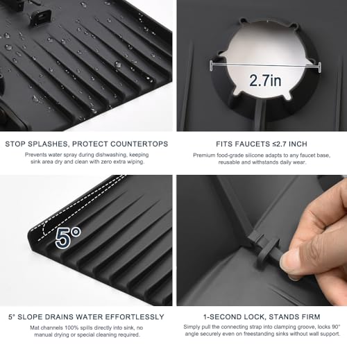 Silicone Sink Splash Guard Behind Faucet, Faucet Mat Backsplash Guard Black - color: Black, size: 14.4x8.8 inch