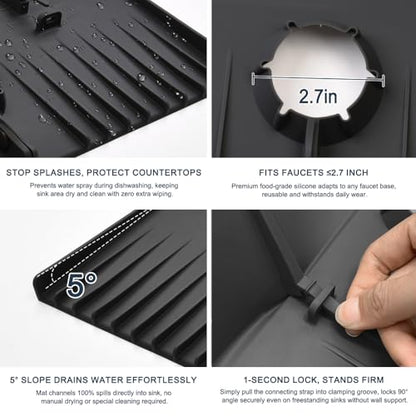 Silicone Sink Splash Guard Behind Faucet, Faucet Mat Backsplash Guard Black - color: Black, size: 14.4x8.8 inch