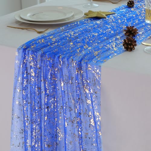 Royal Blue Gold Table Runner Glitter Decorations Sheer Gauze 10 Ft 3 Pcs - color: Blue Gold, size: 10FT/3Pcs