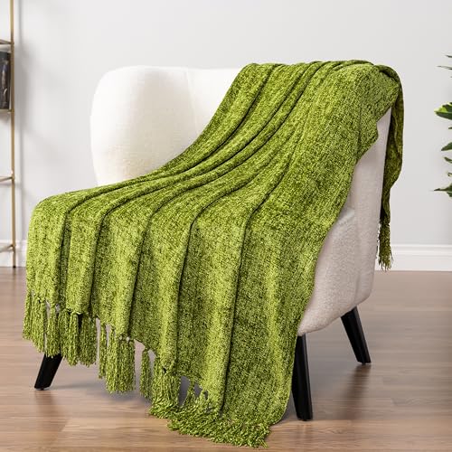 PAVILIA Chenille Throw Blanket, Knit Twin Size Tassel Throw, Olive 60x80 - color: Olive, size: 60 X 80 Inches - Twin