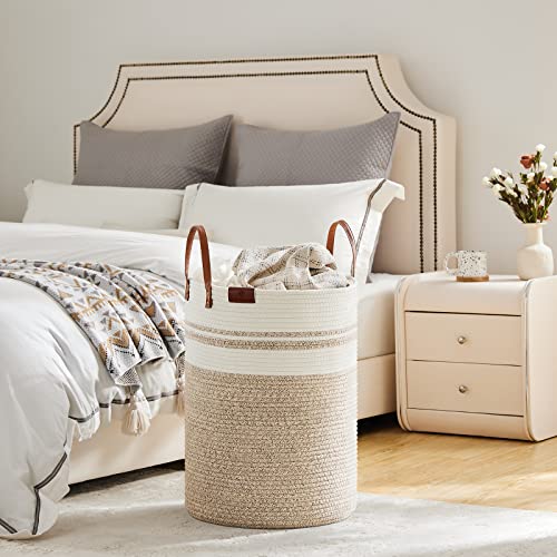 VIPOSCO 72L Tall Woven Rope Laundry Hamper, Leather Handles, Brown & White - color: Brown & White, size: 72L