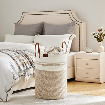 VIPOSCO 72L Tall Woven Rope Laundry Hamper, Leather Handles, Brown & White - color: Brown & White, size: 72L