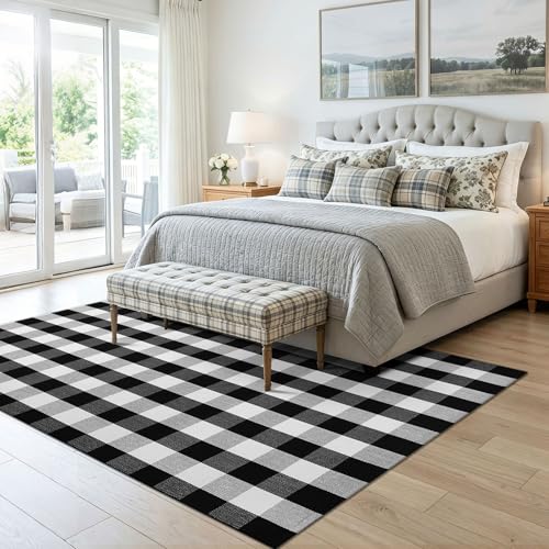 KOZYFLY Buffalo Plaid Area Rug 5x7 ft Living Room Rug, Black and White - color: Black and White, size: 5' x 7' (Rectangular)
