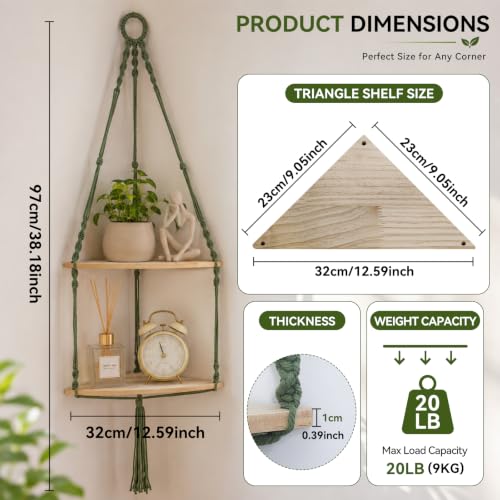 Artilady Corner Shelf Macrame Wall Hanging, Adjust Boho Storage Art, 2 Tier - color: Macrame Green B