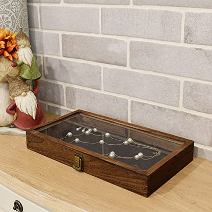 MOOCA Wood Jewelry Display Case with Tempered Glass Top, Black Velvet Pad - color: 9D) Brown, 2 pieces