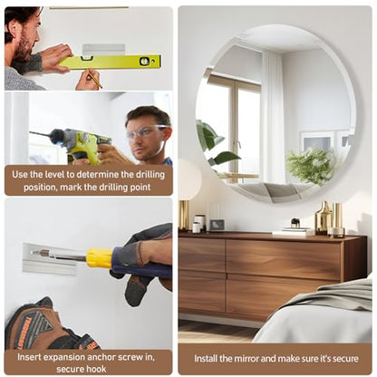 28 Inch Round Frameless Bathroom Mirror, Beveled Round Mirror - size: 28"L x 28"W
