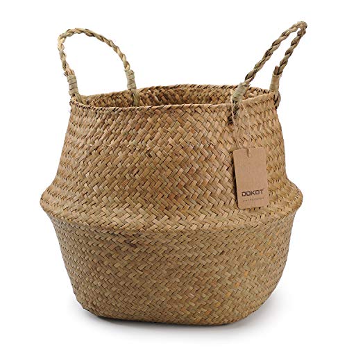 DOKOT Seagrass Plant Basket with Handles, Wicker Woven Storage Basket, 9.5inch Diameter x 11inch Height - size: L(9.5" D x 11" H)