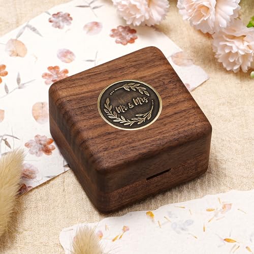 KWOOD Custom Wooden Wedding Ring Box for 2 Rings, Engraved Mr & Mrs Double Ring Holder for Wedding Ceremony Ring Bearer Box Anniversary Birthday Gift Ideas - style: T-Mr & Mrs 01
