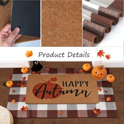 2-Piece Fall Front Door Mat Set, Coir Mat & Brown White Buffalo Plaid Mat - color: Brown and White