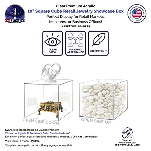 Marketing Holders 10" Acrylic Display Riser Box with One Open Side No Lid Versatile Clear Glossy Square Lucite Retail Product Platform or Merchandise Storage Bin No Assembly - size: 10" Cube-Clear