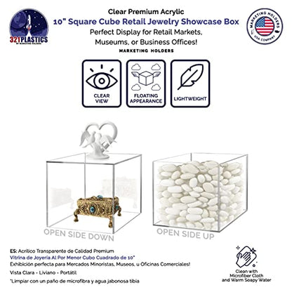 Marketing Holders 10" Acrylic Display Riser Box with One Open Side No Lid Versatile Clear Glossy Square Lucite Retail Product Platform or Merchandise Storage Bin No Assembly - size: 10" Cube-Clear