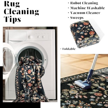 MUJOO Washable Runner Rug 2x6 Area Rug Non Slip Ultra-Thin Floral - color: Black, size: 2' x 6' (Rectangular)