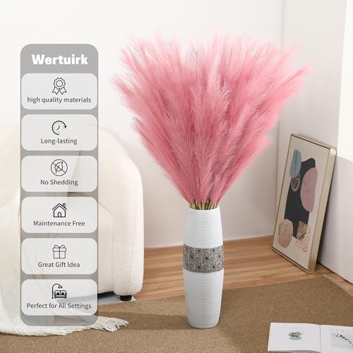 Wertuirk Dark Pink Pampas Grass, 8 Pcs 45 Inch Tall Large Faux Pompous - color: Dark Pink