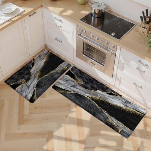 Kitchen Mats Set of 2, Cushioned Anti Fatigue Non Slip Waterproof Runner, Black Gray Marble and Golden Pattern, PVC Memory Foam for Kitchen Sink and Laundry - color: Black Marble 3