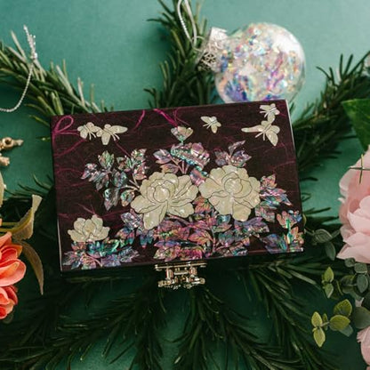 February Mountain Mother-of-Pearl Jewelry Box – Elegant Purple Lacquered Keepsake with Peony & Butterfly Design, Red Velvet Interior – Christmas, Birthday Gift, Unique Jewelry Organizer for Women - color: Purple Haze