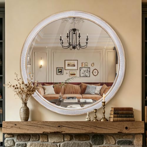 30 Inch Wooden Round Mirror for Wall Decor, Rustic Distressed Mirrors - color: B - 30 in
