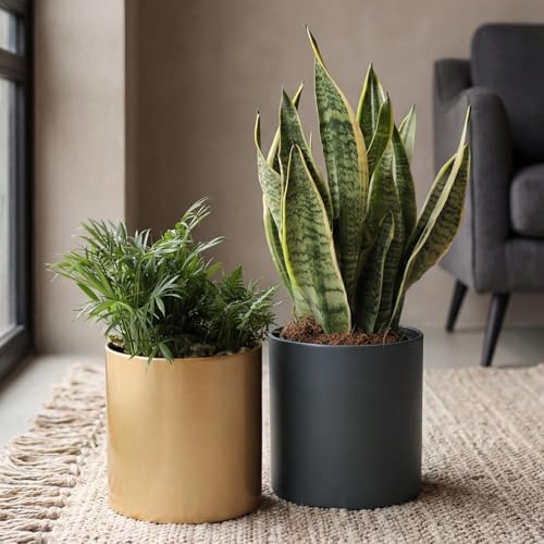 7 Inch Grey Metal Plant Pot with Drainage Hole, Indoor Outdoor - color: Gray