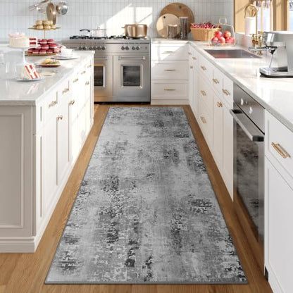 Kelarea Washable Runner Rug 2x6, Non-Slip Low Pile Abstract Grey - color: Light Grey, size: 2' x 6' (Rectangular)