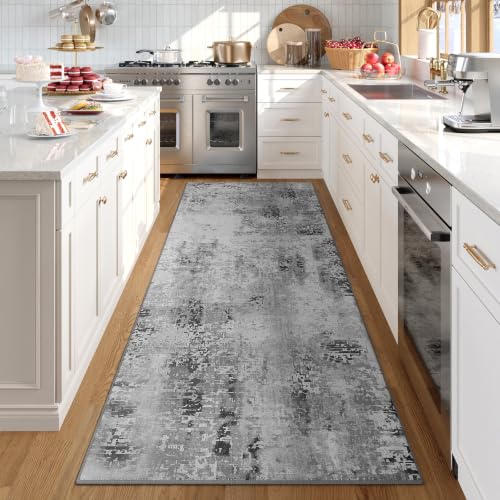 Kelarea Washable Runner Rug 2x6, Non-Slip Low Pile Abstract Grey - color: Light Grey, size: 2' x 6' (Rectangular)