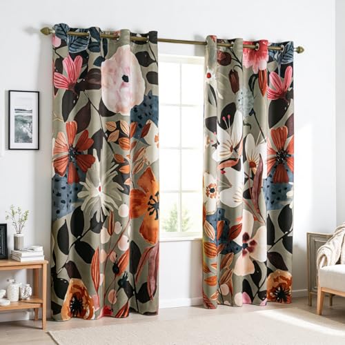 Floral 100% Blackout Curtains 63 inch Long 2 Panels Set for Bedroom Vintage Sage Green Botanical Pattern Black Out Curtain Thermal Insulated Light Blocking Window Drapes for Living Room 52 x 63 inch - color: Boho Design 01, size: 52"W x 63"L (Pack of 2)
