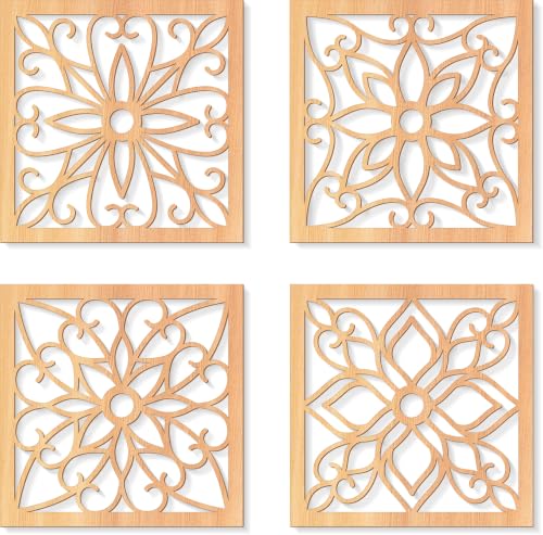 KOYILTD 4 Pcs Thicken Wooden Wall Art Rustic Farmhouse Flower Wall Art - color: Square, size: 8.2in
