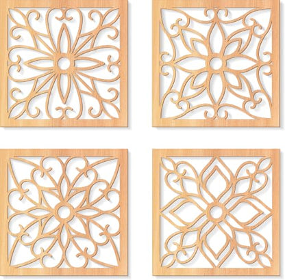 KOYILTD 4 Pcs Thicken Wooden Wall Art Rustic Farmhouse Flower Wall Art - color: Square, size: 8.2in