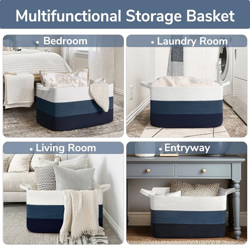 Goodpick Large Woven Rope Blanket Basket, Rectangle, Light Blue - color: Light Blue, size: Large(21.6"L x 14.9"W x 11.8"H)