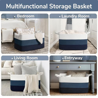 Goodpick Large Woven Rope Blanket Basket, Rectangle, Light Blue - color: Light Blue, size: Large(21.6"L x 14.9"W x 11.8"H)
