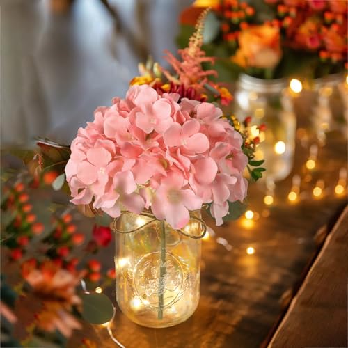 Set of 3 Mason Jar Lights, Pink Hydrangea Holiday Table Decor - color: Jar-pink Hydrangea