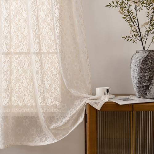 PearAge Lace Sheer Curtains for Living Room, 63 Inch Length, Elegant Lace-Style Voile Drapes for Bedroom, Kitchen or Dining Room, 42W x 63L Inch, 2 Panels Beige - color: Beige