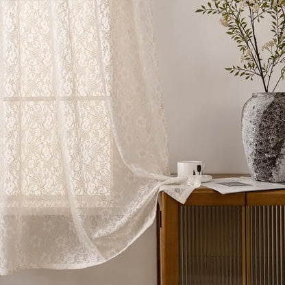 PearAge Lace Sheer Curtains for Living Room, 63 Inch Length, Elegant Lace-Style Voile Drapes for Bedroom, Kitchen or Dining Room, 42W x 63L Inch, 2 Panels Beige - color: Beige