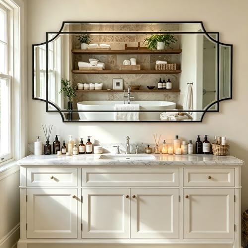 47"x24" Large Geometric Rectangle Beveled Mirror with Wood Frame - color: Black, size: 47"L x 24"W