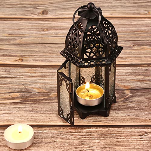 IMAGE Metal Candle Lanterns 6.7" H Hanging Lanterns Moroccan Birdcage Holders with Glass Creative Wedding Home Tabletop Decoration, Black (4)