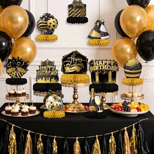 Happy Birthday Decorations Set - Black and Gold Birthday Themed Honeycomb Centerpiece, Table Decoration for Women Men Black and Gold Party Decorations - style: Black Birthday