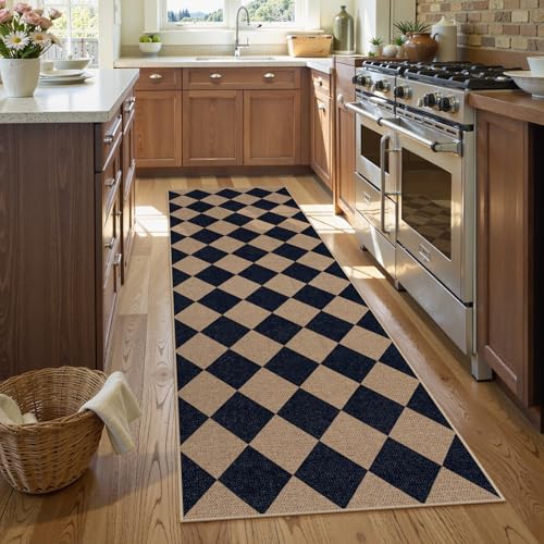 Lahome Checkered Easy Jute Rug, 2'6" x 8' Carpet Runners for Hallway 8ft Washable Rug Non Slip Kitchen Runner, Checkerboard Black Indoor Outdoor Carpet for Entryway