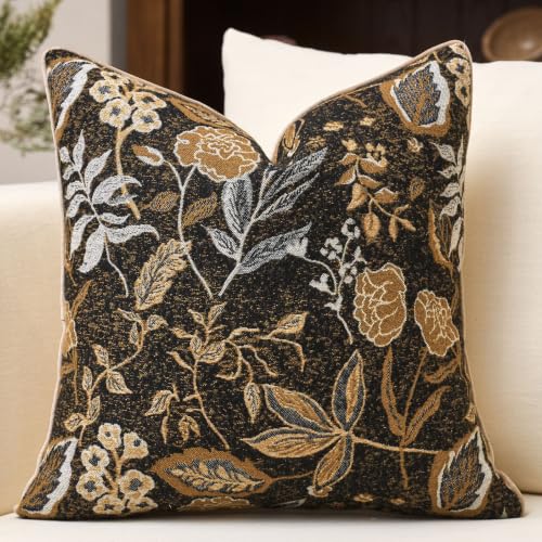 Black Floral Textured Throw Pillow Cover 24x24 Fall Vintage Rust Pillow Cover Farmhouse Summer Leaf Cushion Cover Chenille Neutral Flower Pillowcase Home Decor for Sofa Living Room Bedding - color: Black, size: 24" x 24" (Pack of 1)